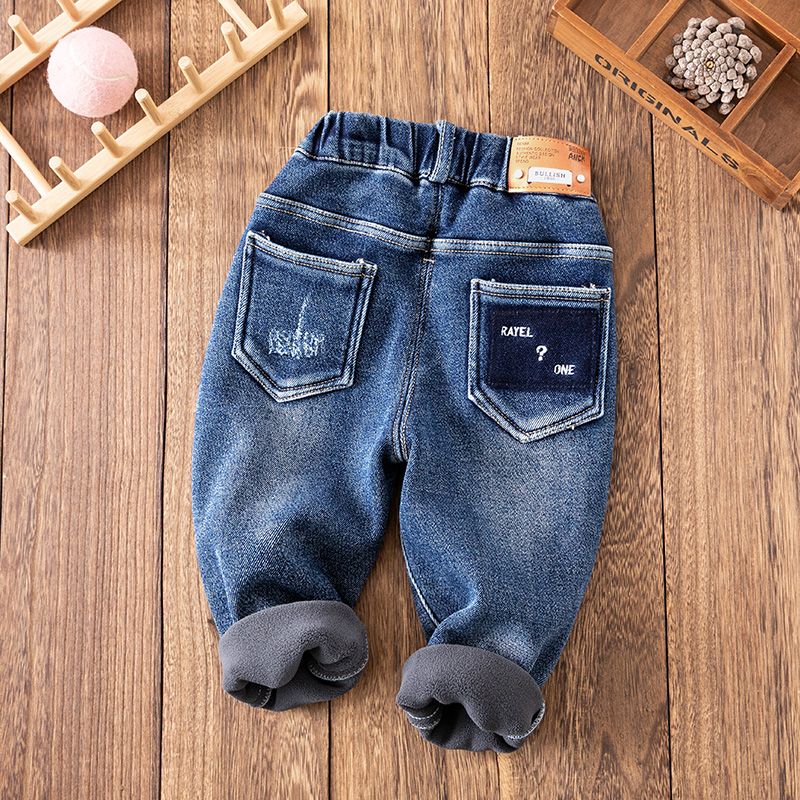 Boys fleece jeans 2023 new children's baby winter thickened warm children's soft elastic pants