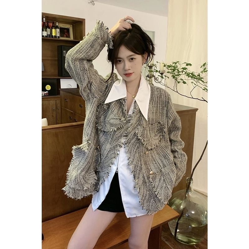 Tweed small fragrance style high-end long-sleeved jacket women's clothing autumn  new tassel design chic top