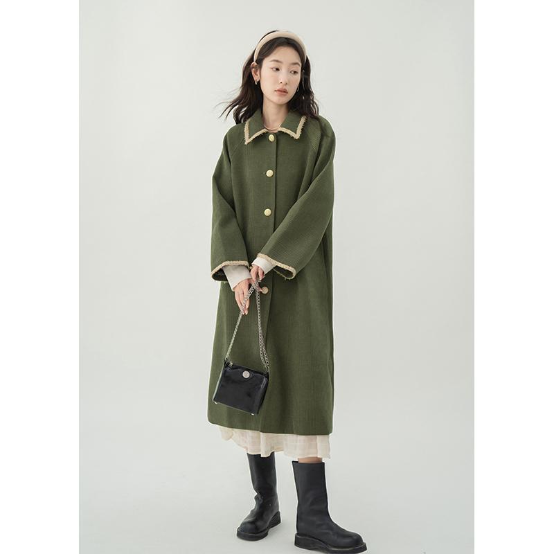 2022 autumn mid-length green thickened windbreaker coat women's high-quality waffle coat small man autumn and winter