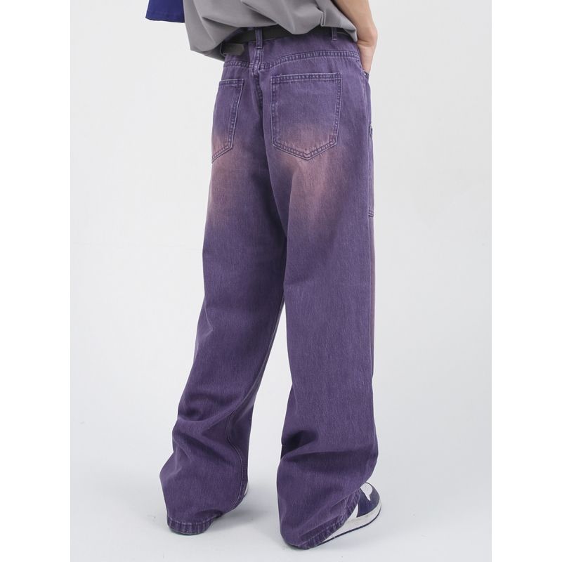 Voguo Relay 韩版原创新品潮流设计感宽松直筒紫色牛仔裤男女同款
