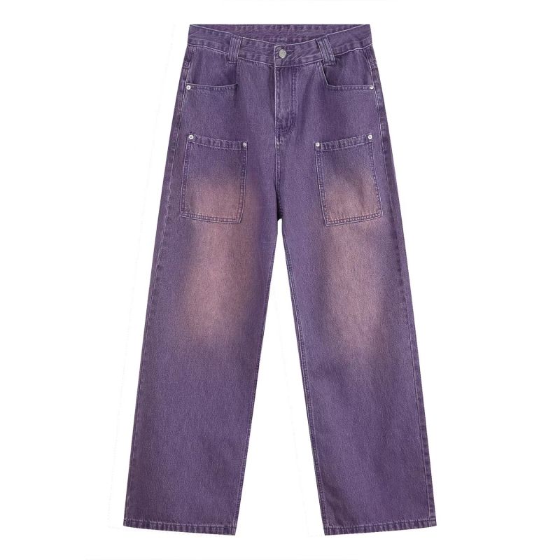 Voguo Relay 韩版原创新品潮流设计感宽松直筒紫色牛仔裤男女同款