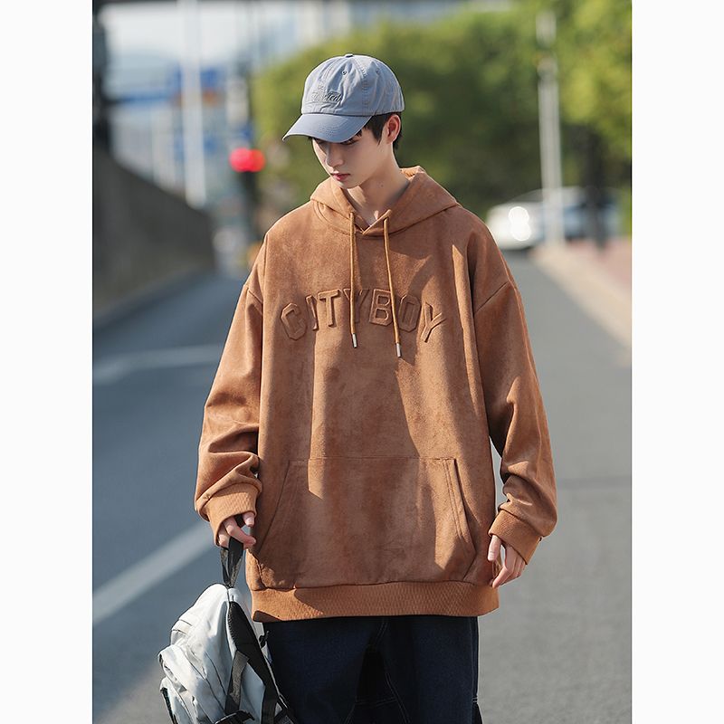 Muszoom suede sweatshirt men's ins stamped hooded jacket loose large size spring and autumn high street fashion brand top