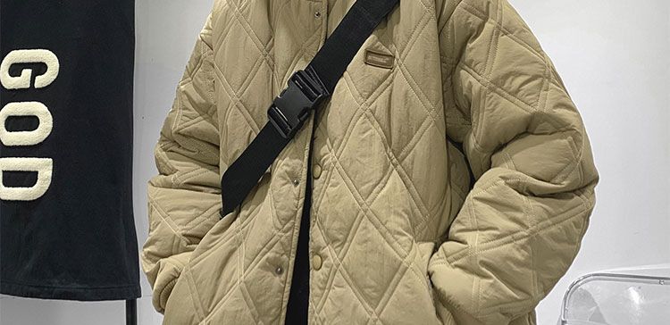 Men's Quilted Jacket Diamond Grid Winter Baseball Coat Cotton_voghion.com