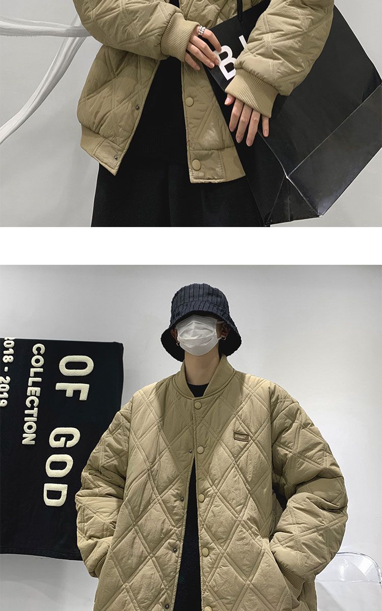 Men's Quilted Jacket Diamond Grid Winter Baseball Coat Cotton_voghion.com