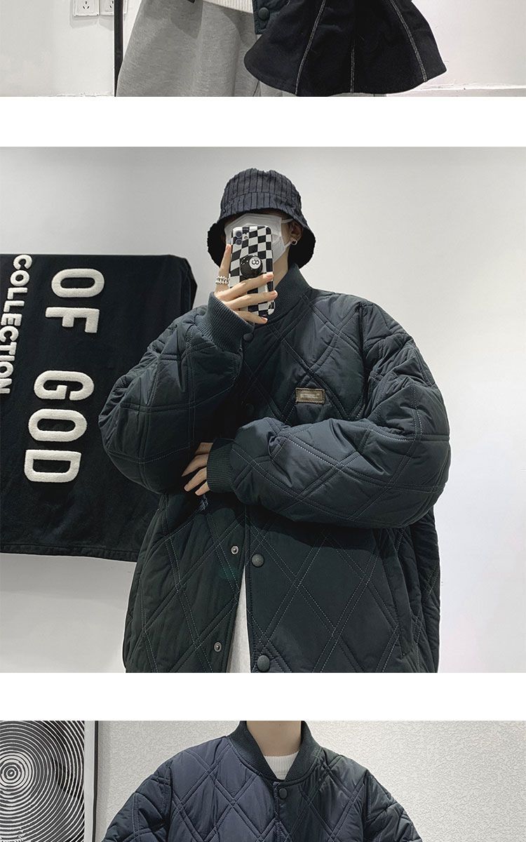 Men's Quilted Jacket Diamond Grid Winter Baseball Coat Cotton_voghion.com