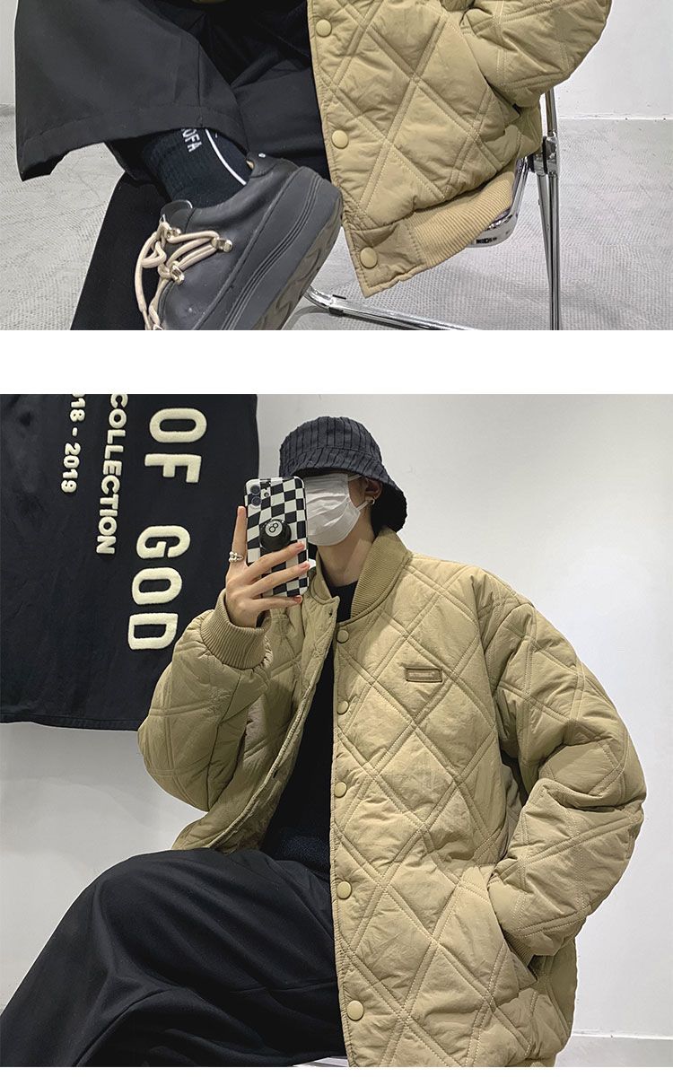 Men's Quilted Jacket Diamond Grid Winter Baseball Coat Cotton_voghion.com