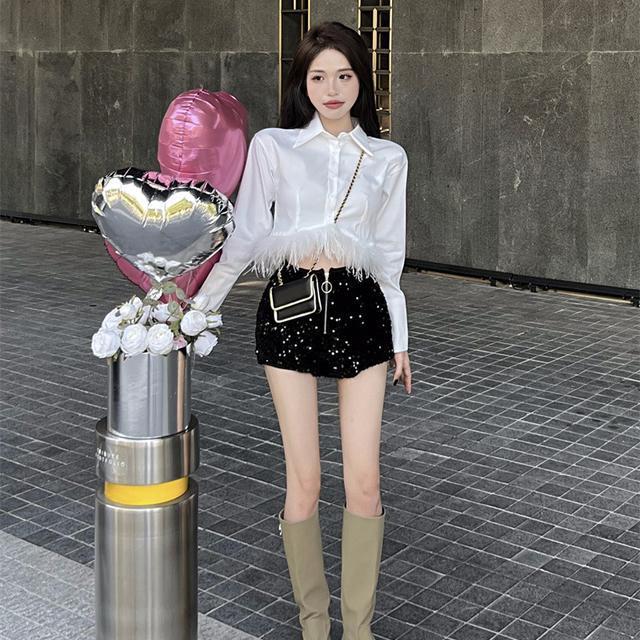 Hairy white shirt splicing design sense niche short shirt + sequin short pants hot girl fried street two-piece suit