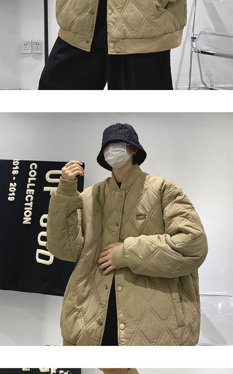 Men's Quilted Jacket Diamond Grid Winter Baseball Coat Cotton_voghion.com