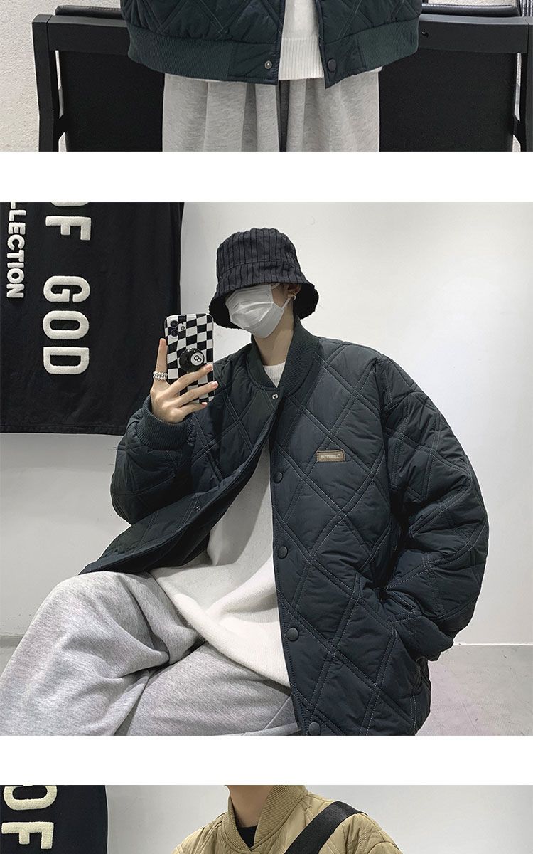 Men's Quilted Jacket Diamond Grid Winter Baseball Coat Cotton_voghion.com