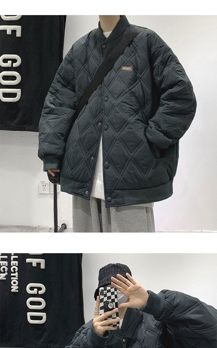Men's Quilted Jacket Diamond Grid Winter Baseball Coat Cotton_voghion.com