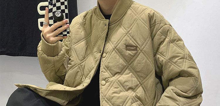 Men's Quilted Jacket Diamond Grid Winter Baseball Coat Cotton_voghion.com