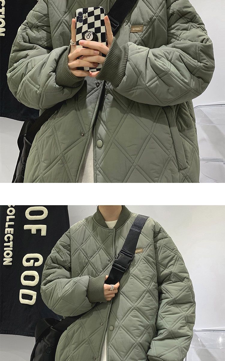 Men's Quilted Jacket Diamond Grid Winter Baseball Coat Cotton_voghion.com