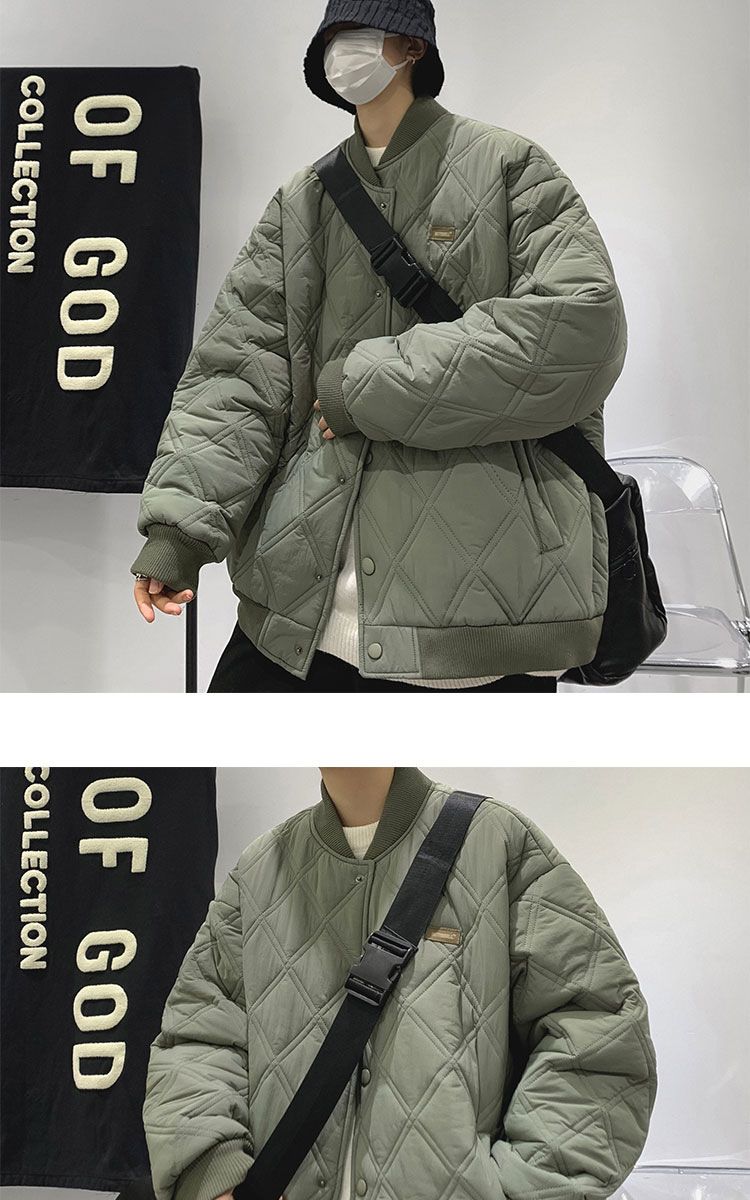 Men's Quilted Jacket Diamond Grid Winter Baseball Coat Cotton_voghion.com