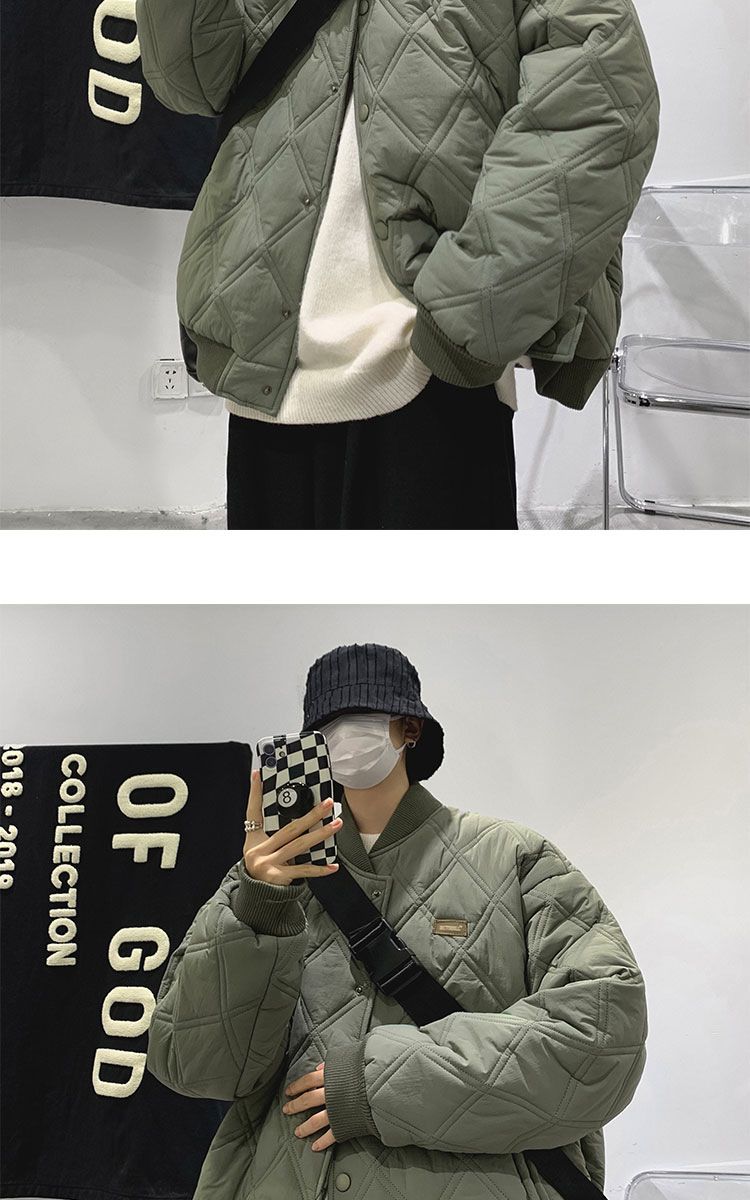 Men's Quilted Jacket Diamond Grid Winter Baseball Coat Cotton_voghion.com
