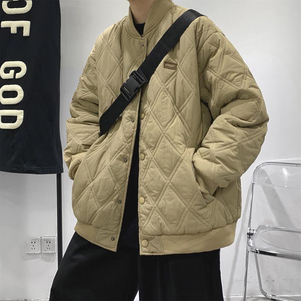 Men's Quilted Jacket Diamond Grid Winter Baseball Coat Cotton_voghion.com