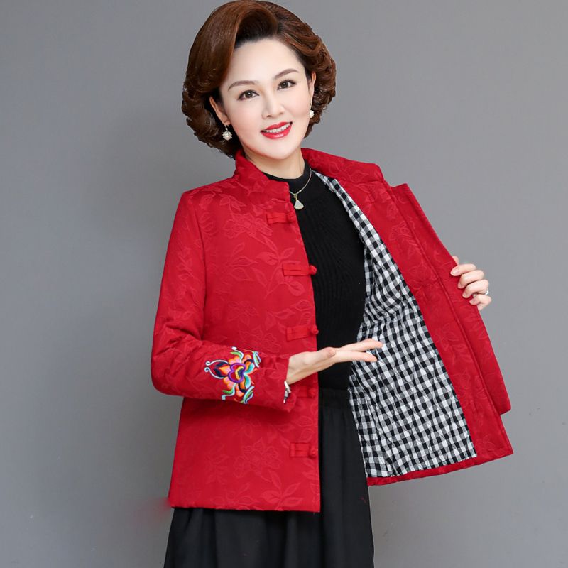 Mom's clothing 2022 autumn and winter new style retro Chinese embroidery cotton and linen jacquard plus cotton thick cotton coat jacket women's cotton jacket