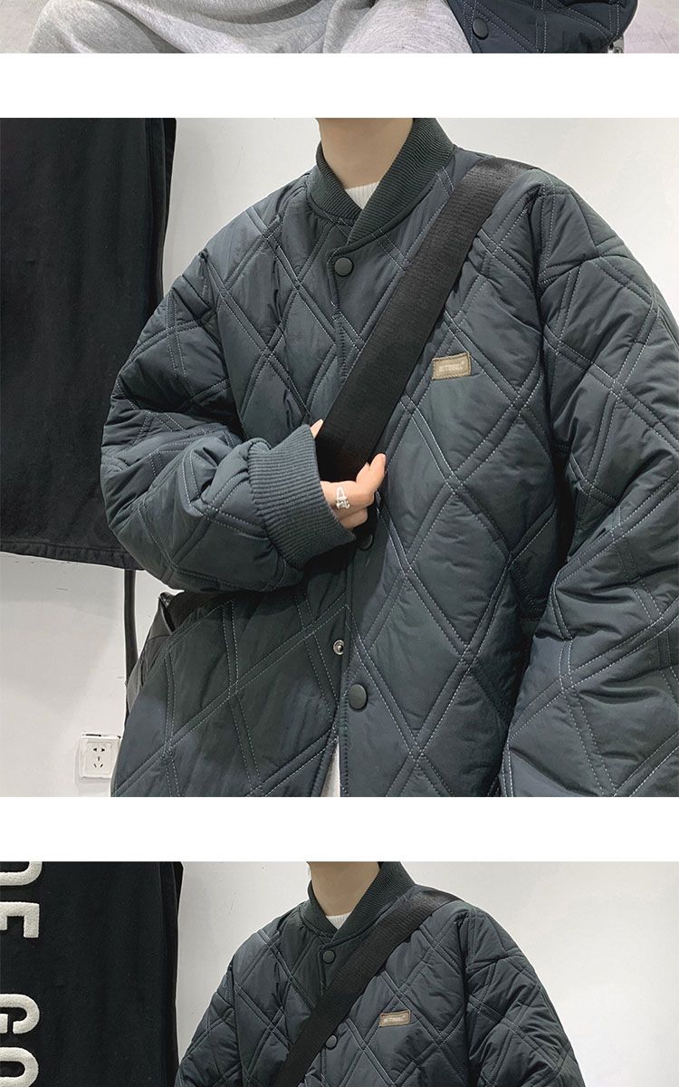 Men's Quilted Jacket Diamond Grid Winter Baseball Coat Cotton_voghion.com