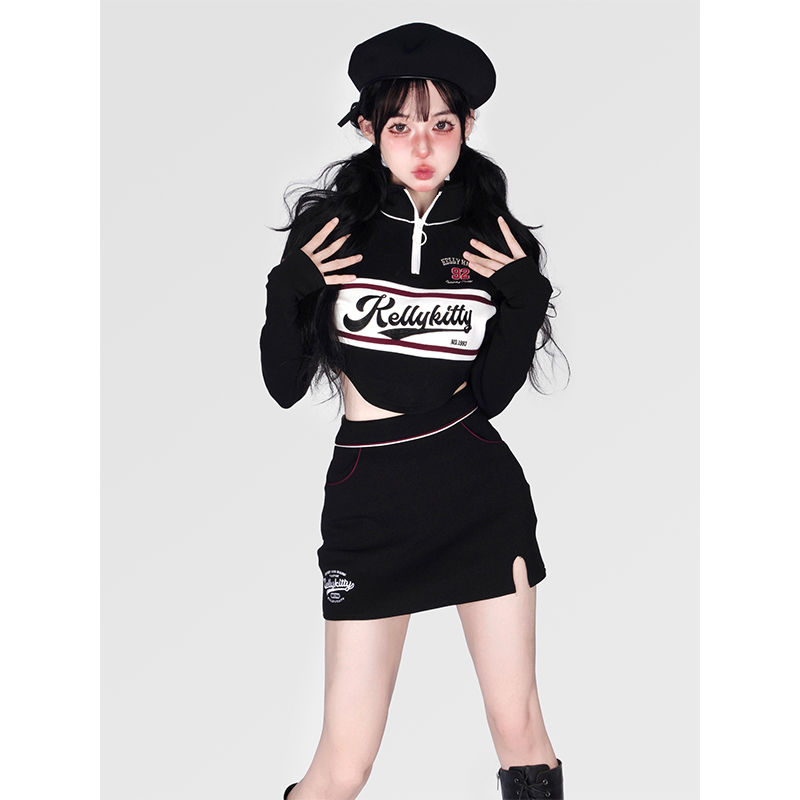 Korean Girl Retro Casual Sports Locomotive Suit Sweet Cool Spice Girl Stand Collar Long Sleeve T-Shirt + Skirt Early Autumn