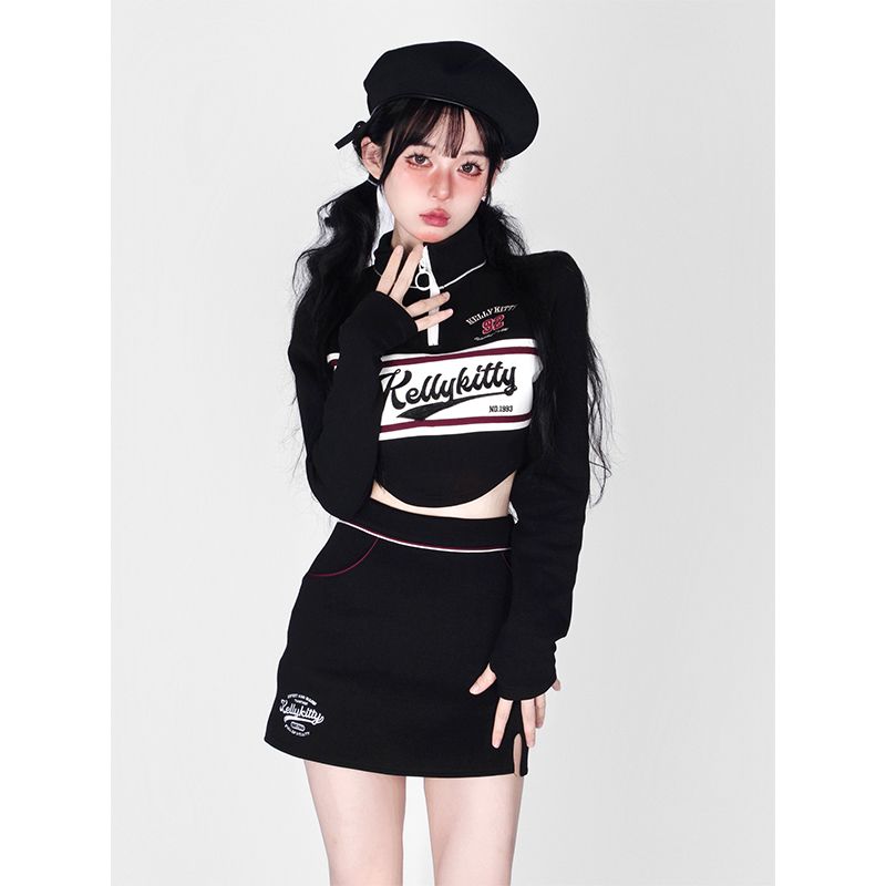 Korean Girl Retro Casual Sports Locomotive Suit Sweet Cool Spice Girl Stand Collar Long Sleeve T-Shirt + Skirt Early Autumn