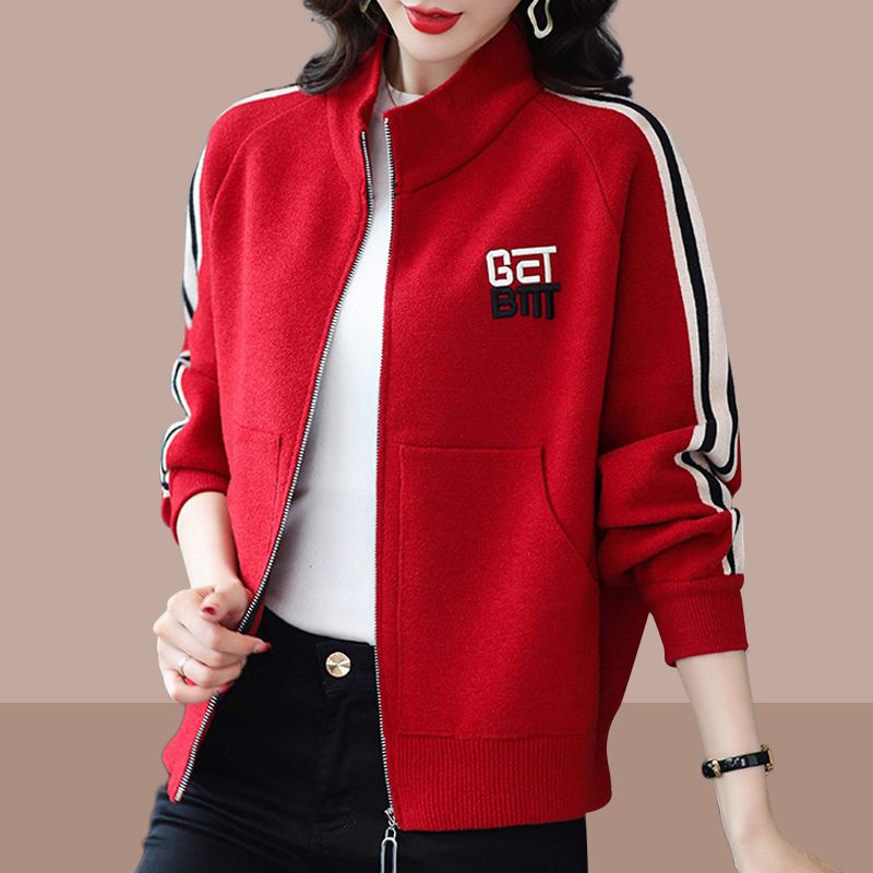 Piqué cotton women's cardigan jacket trendy 2023 spring and autumn new middle-aged mother wear letters stand collar zipper outer jacket