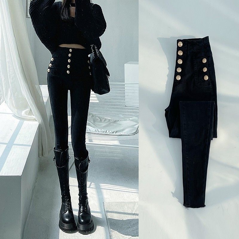 Super high waist skinny jeans women's autumn, autumn and winter 2022 new black breasted thin skinny pencil pants