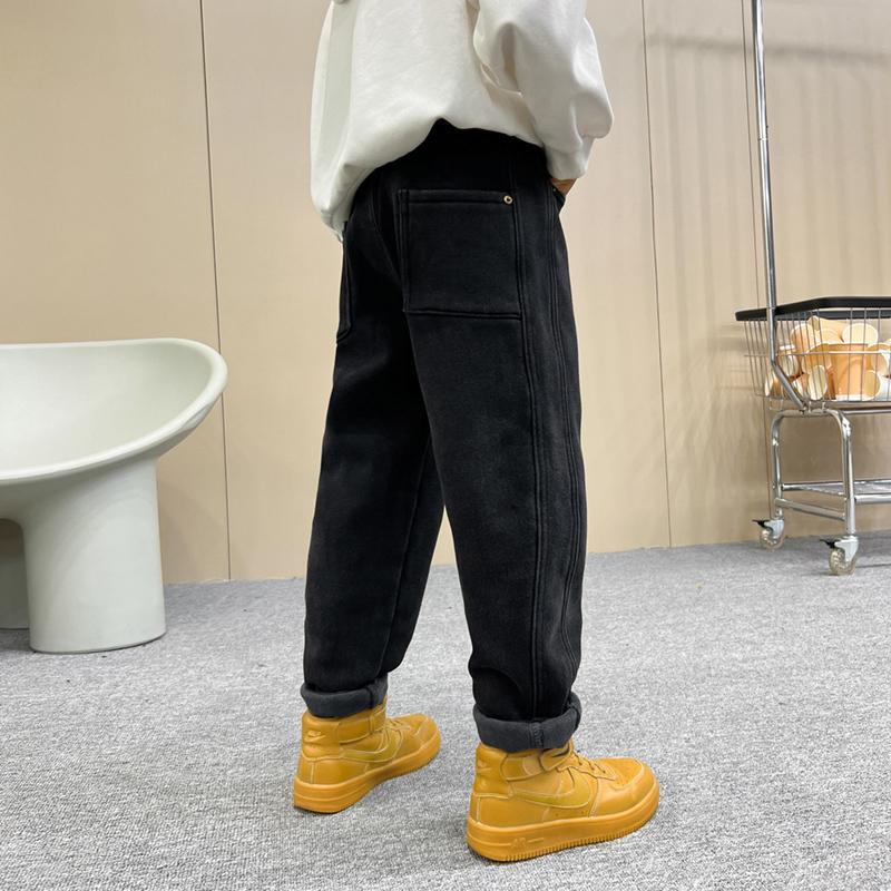 Boys fleece pants 2023 new children's one-piece fleece jeans autumn and winter boys thickened denim trousers tide