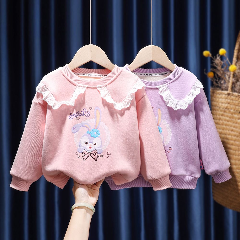 女童加绒缝制卡通兔子卫衣冬季新款儿童装宝宝洋气薄圆领上衣