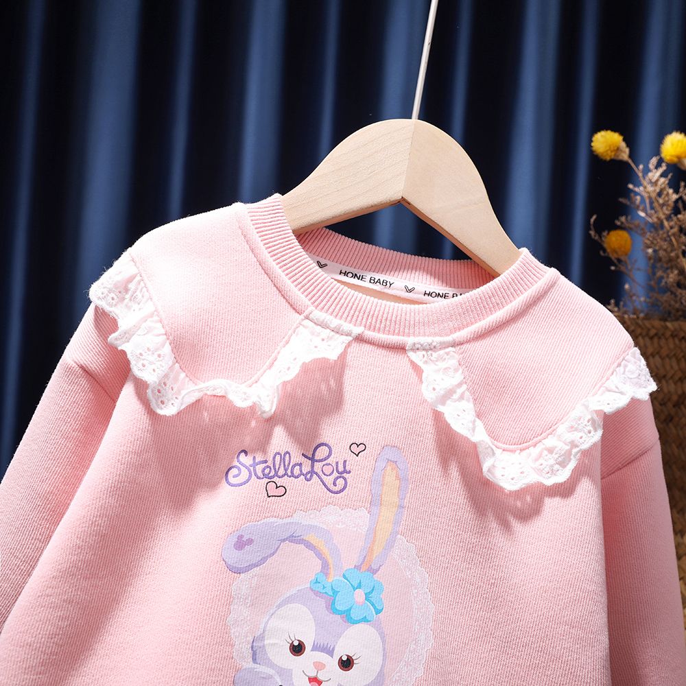 女童加绒缝制卡通兔子卫衣冬季新款儿童装宝宝洋气薄圆领上衣