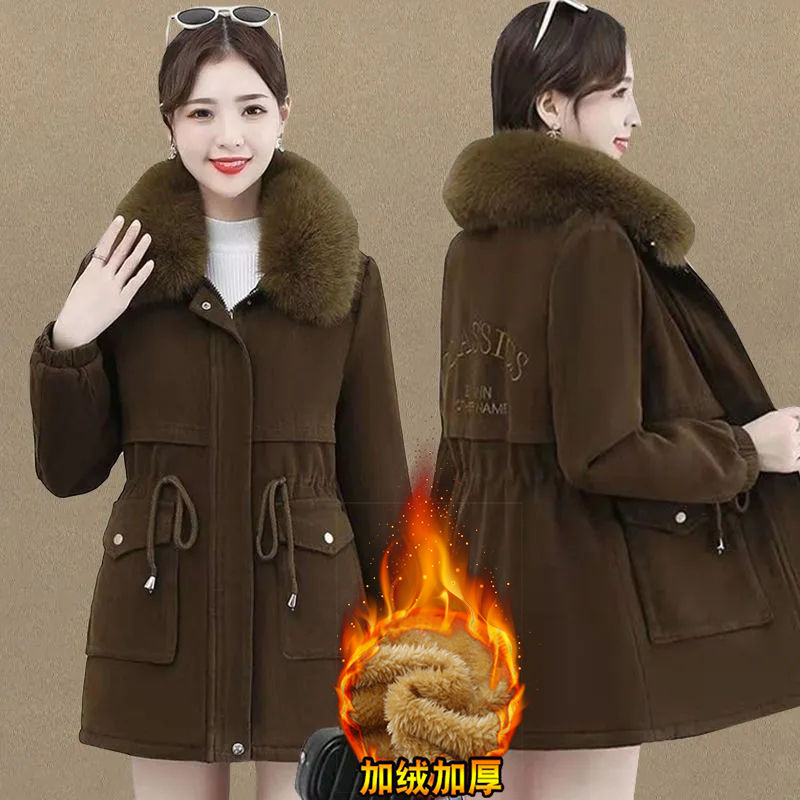 Parker women's mid-length cotton coat winter new loose large size plus fleece cotton coat down padded jacket thickened jacket trendy