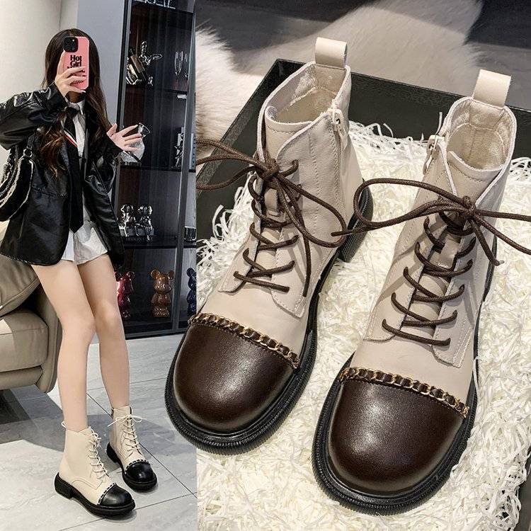 復古鏈條馬丁短靴女203年春秋新款圓頭系帶拼色低粗跟英倫風短靴