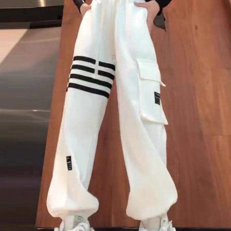 条杠撞色加绒卫裤女2022年秋季新款韩版设计感高腰宽松显瘦哈伦裤