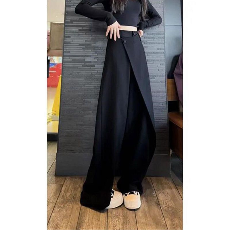 不規則拼接直筒闊腿褲女2022秋季新款炸街垂感西裝褲設計感長褲子