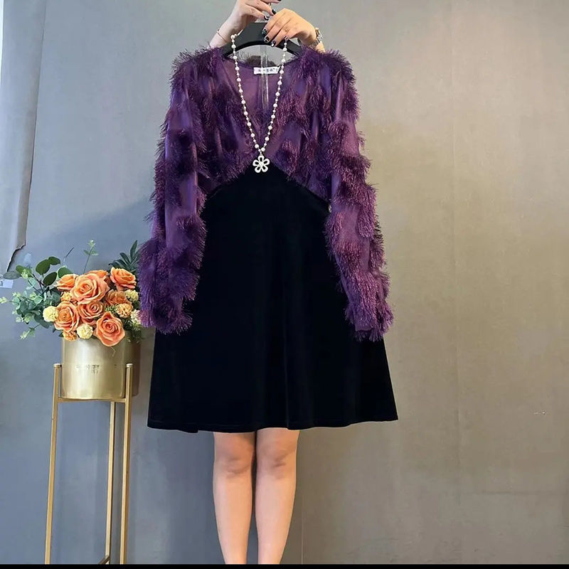 胖妹妹2023春秋大碼女裝流蘇長袖拼接純色寬鬆收腰顯瘦連衣裙潮