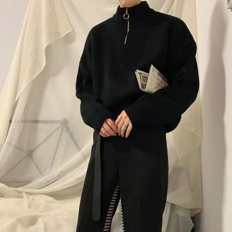 XXXHOT秋冬加厚半高領圓環拉鏈百搭套頭寬鬆情侶男純色長袖毛衣