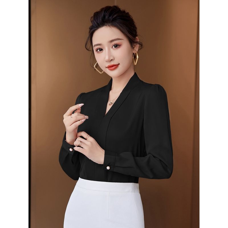 時尚V領女長袖雪紡襯衫寬鬆大碼職業裝工作服打底衫白領套頭上衣