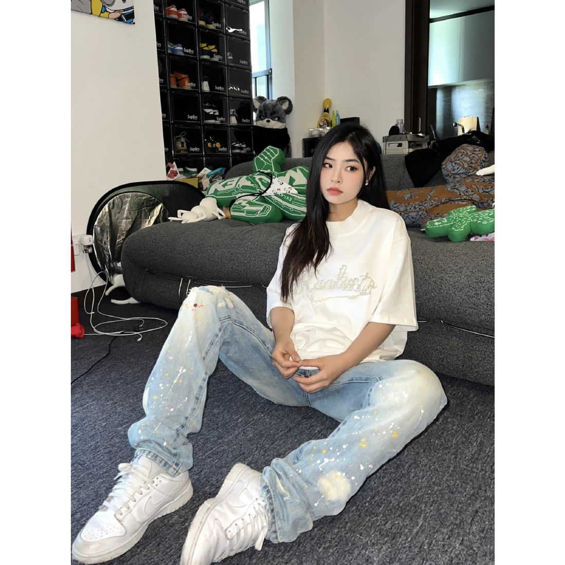 美式街頭潑墨水洗做舊牛仔褲男女寬鬆直筒hiphop高街vibe風長褲子