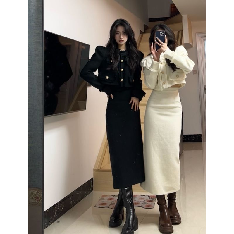 Autumn and winter new fashion suit women's small fragrance temperament celebrity short suit jacket female slim slit long skirt