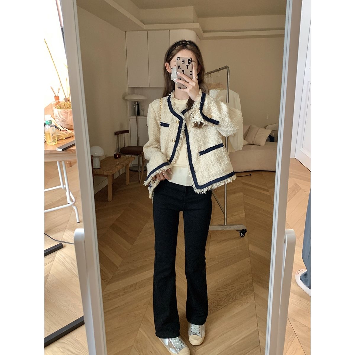 Autumn high-end sense classic color contrast woven top women's loose tassel design tweed small fragrance temperament coat