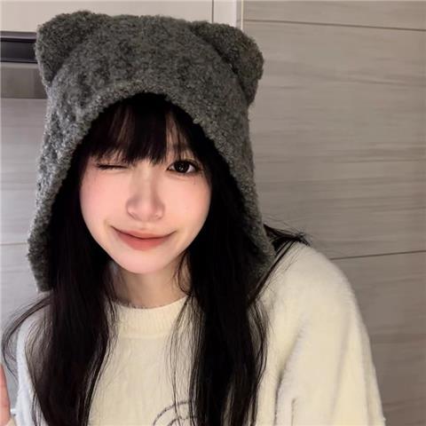 Cute Bear Hat Women's Autumn and Winter New Versatile Warm Wool Hat 2023 Hot Style Gray Ear Protection Knitted Hat