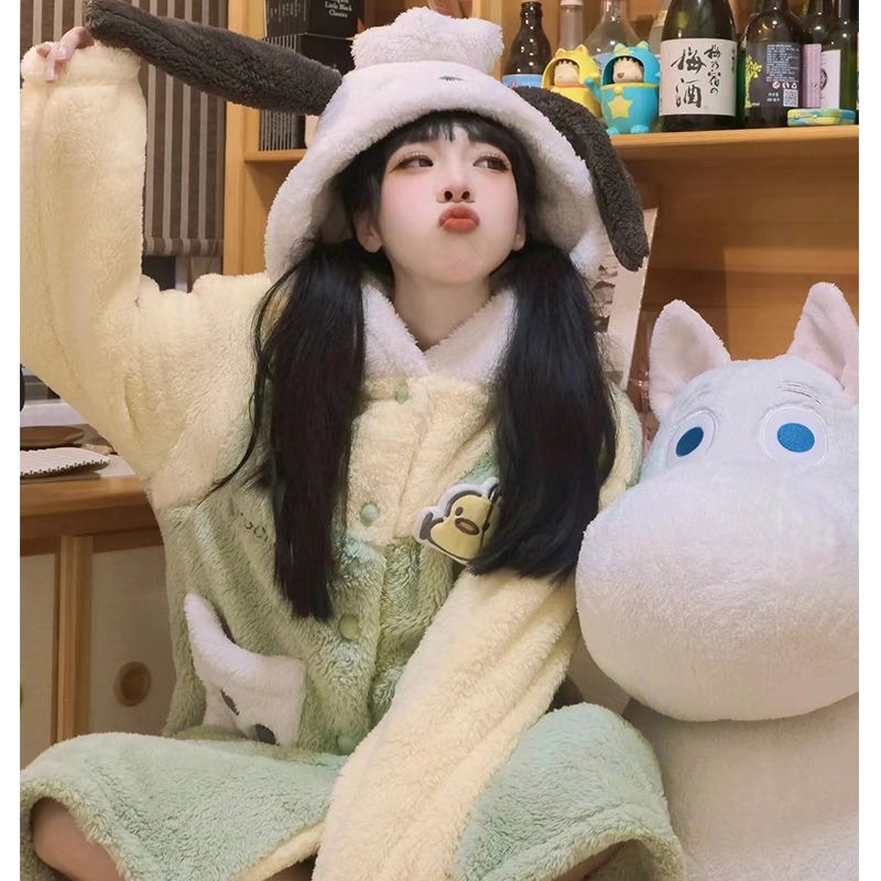The story of the flower season Pacha dog coral fleece nightgown female cartoon cute thickened plush fleece pajamas autumn and winter home service