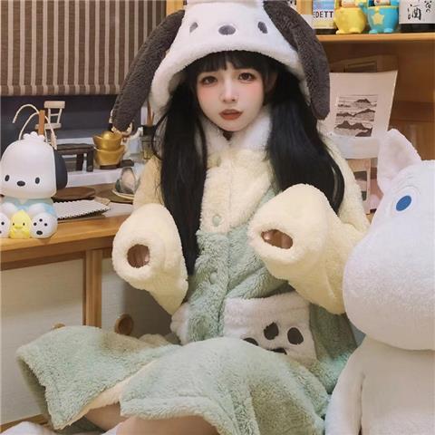 The story of the flower season Pacha dog coral fleece nightgown female cartoon cute thickened plush fleece pajamas autumn and winter home service