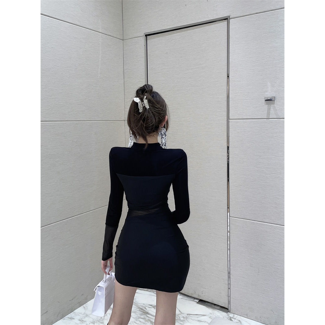 秋季新款设计感网纱拼接性感包臀裙子女气质黑色连衣裙