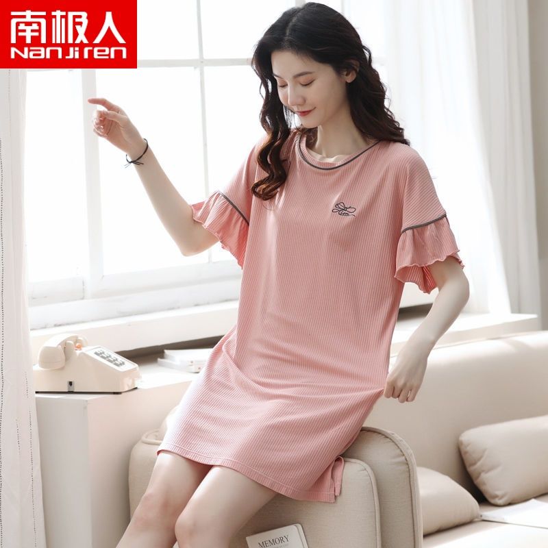 Nanjiren modal nightdress women summer short-sleeved pure cotton loose plus size ladies pajamas thin section casual home service