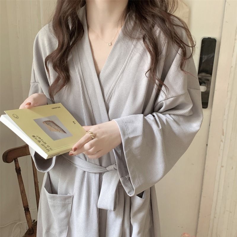 Pure color nightgown pajamas women's spring and autumn  new morning gown loose casual tie kimono nightdress home service