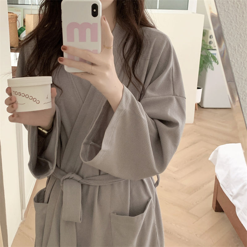 Pure color nightgown pajamas women's spring and autumn  new morning gown loose casual tie kimono nightdress home service