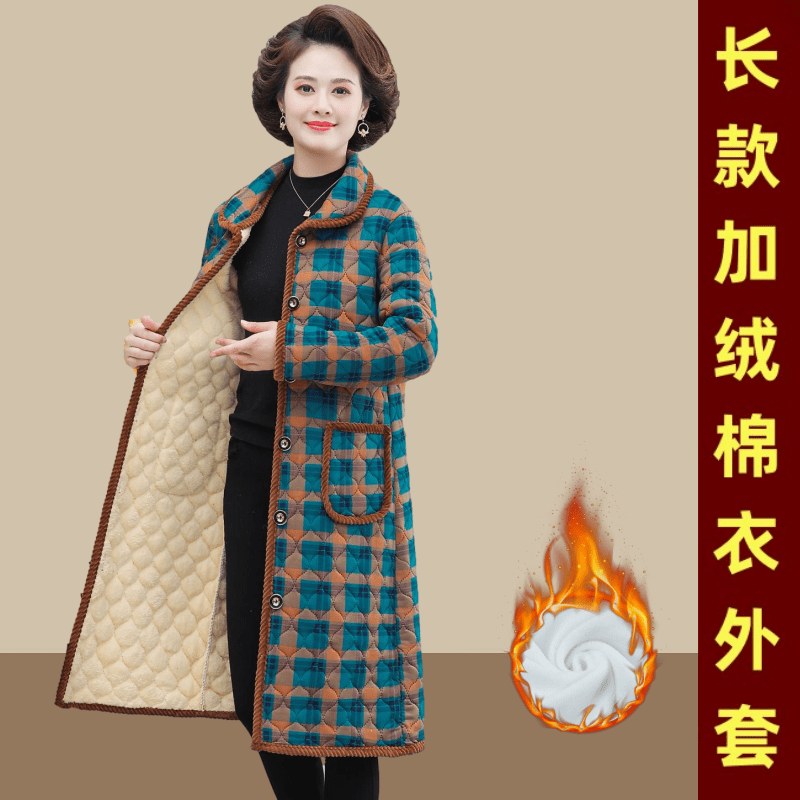Middle-aged and elderly women's autumn and winter cotton-padded clothes, mid-length mother winter clothes, plus velvet corduroy jacket, solid color lapel cotton-padded clothes