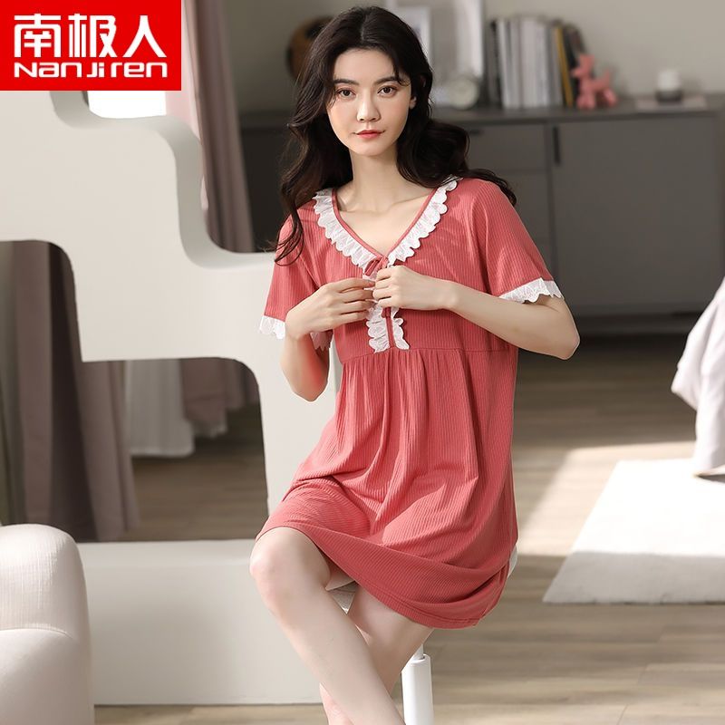 Nanjiren modal nightdress women summer short-sleeved pure cotton loose plus size ladies pajamas thin section casual home service