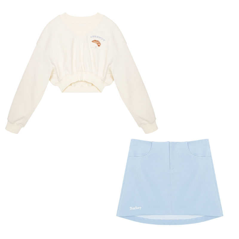 Autumn collocation slim Sen series sweet two-piece short long-sleeved sweater blue white short skirt hot girl suit
