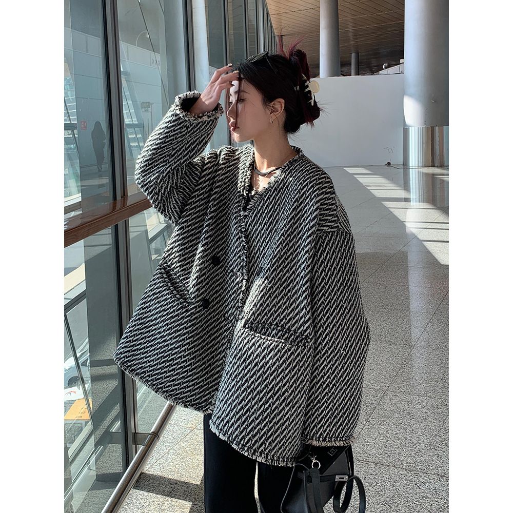 小香風女大碼胖mm300斤毛呢外套秋冬韓系高級感毛呢西裝針織開衫
