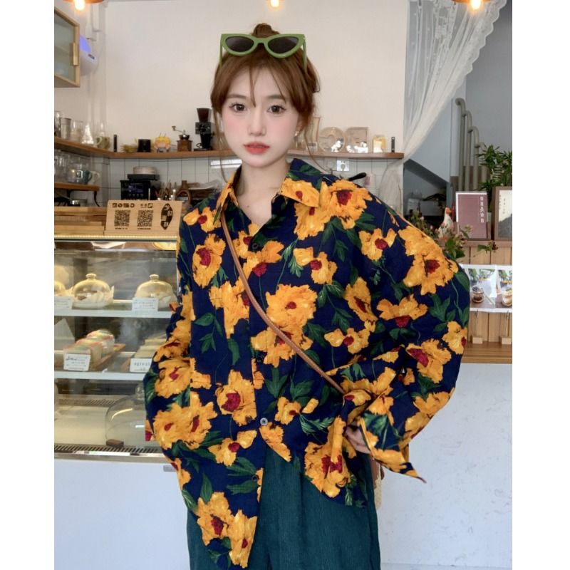 秋季2022新款韓版復古港風花朵印花長袖襯衫女寬鬆顯瘦設計感上衣